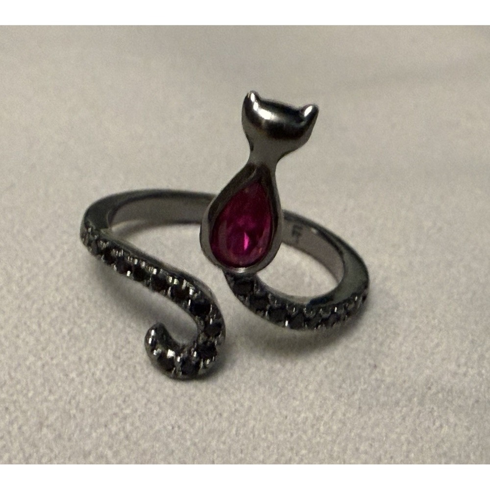 FRAGRANT JEWELS Black Cat Ring Size 5 Midnight Furry Friends Ruby Black Rhodium